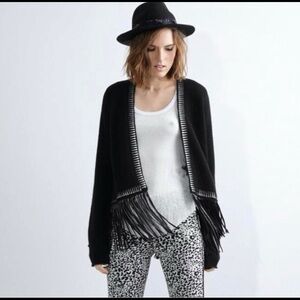 Zadig & Voltaire Marla Cashmere Leather Fringe Cardigan Sweater Black Boho M